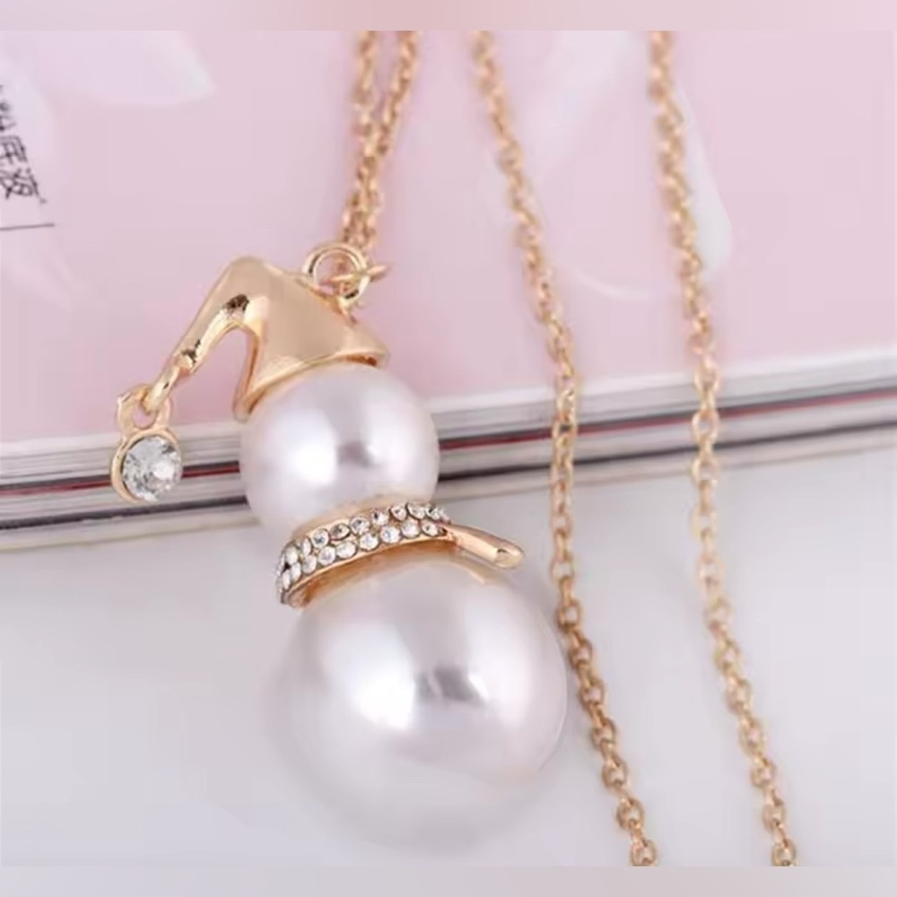 18K Gold & Pearl Snowman With Diamond Accent Pendantt Sweater Necklace - Picture 5 of 11